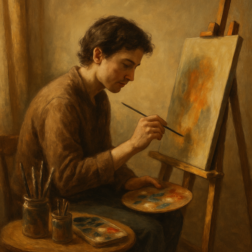 Artist focused on painting at an easel in a cozy room.