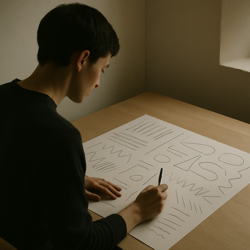 Person doing mark-making exercises with simple lines and shapes on paper.