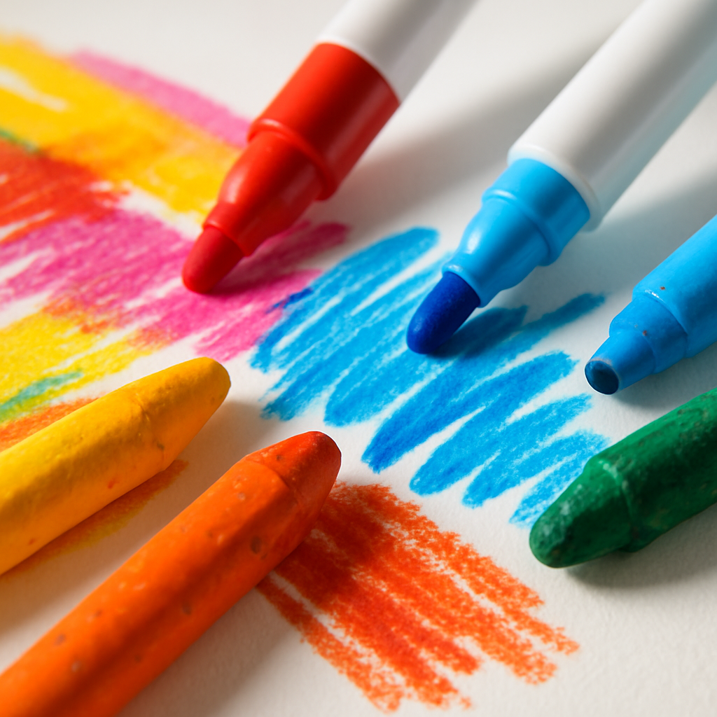 Washable markers and oil pastels on mixed media paper in clinical use.