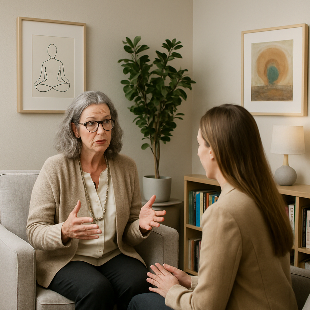Director discussing boundaries in a counseling office with books and art.