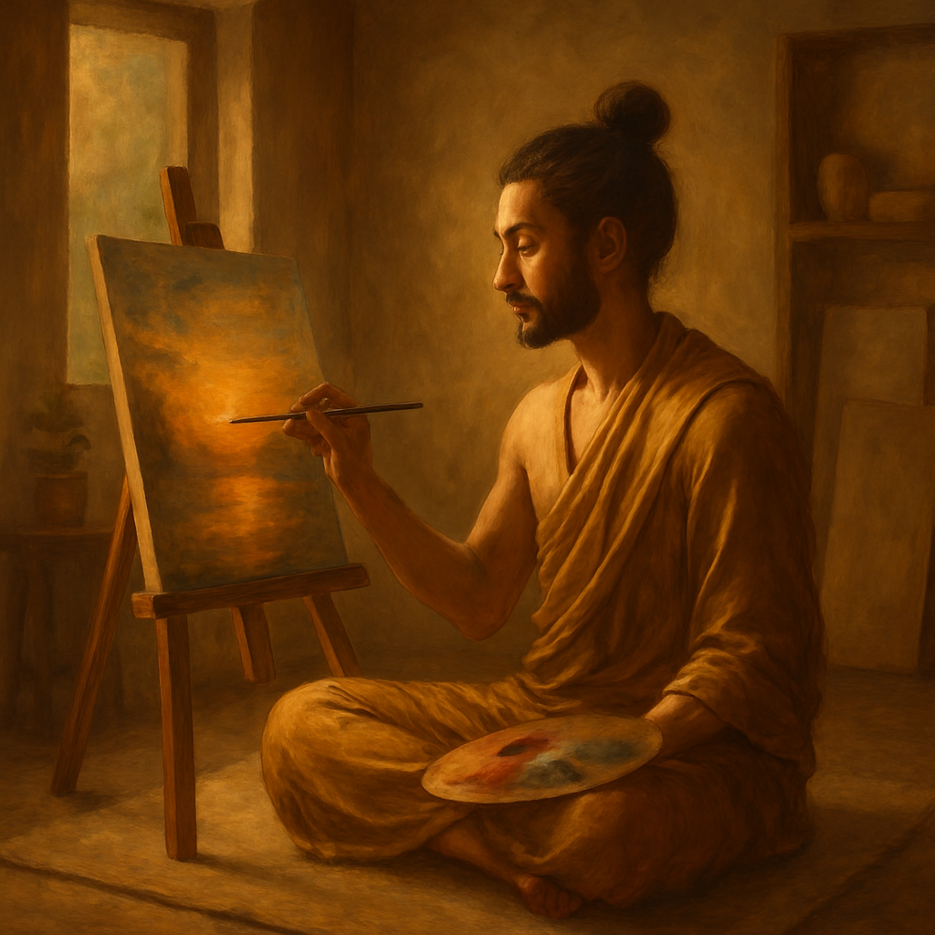 Artist painting in meditative posture in tranquil studio.