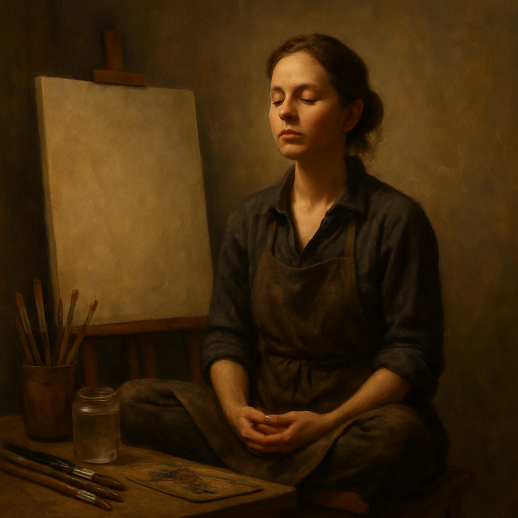 Artist meditating before painting, calm focus, softly lit room, brushes around.