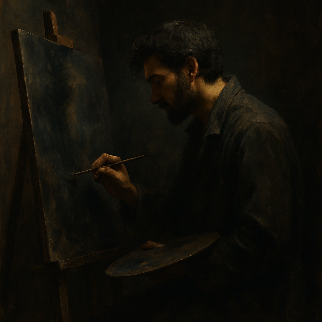 Artist painting in dim room, dark colors on canvas, introspective mood.