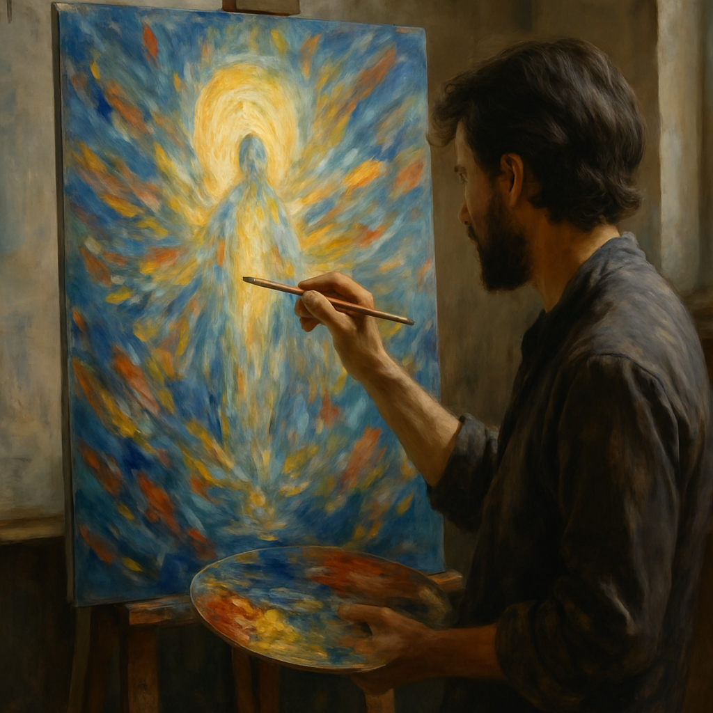 Artist with paintbrush at canvas, expressing through art.