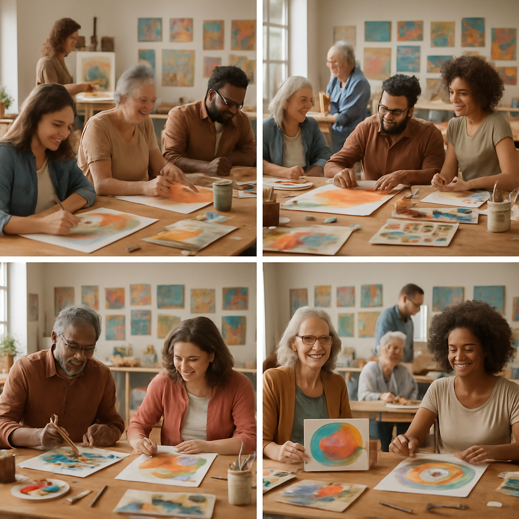 Participants engaged in series of art workshops, various art pieces, balanced lighting.