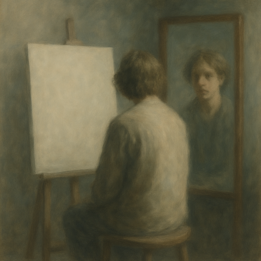 Artist with canvas and mirror, soft focus, muted colors, introspective.