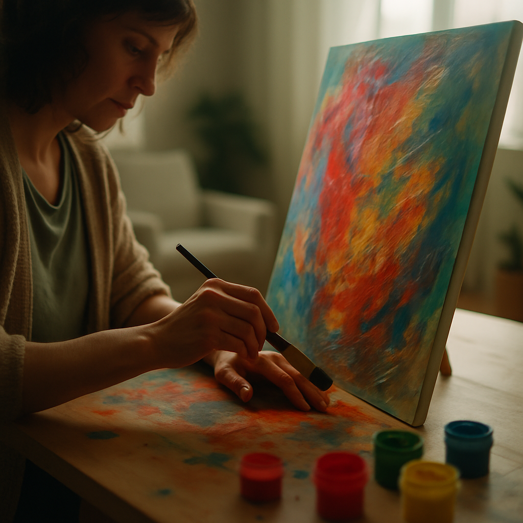 Client painting on canvas in therapy room using vibrant colors.