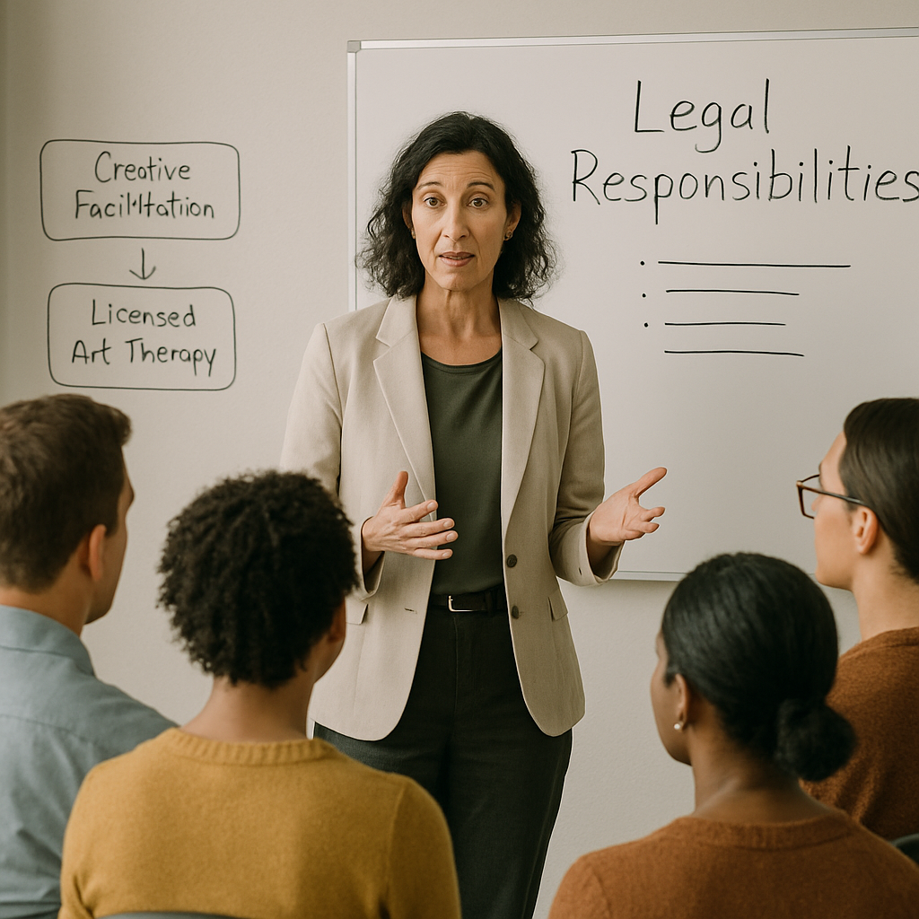 Facilitator teaching adults about legal responsibilities in a classroom with a whiteboard.