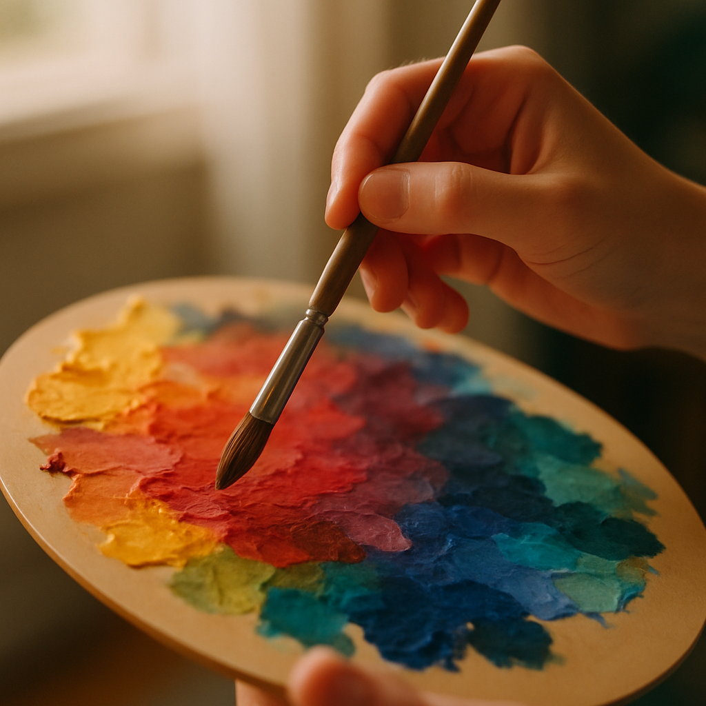 Hand with paintbrush above colorful palette under soft light.