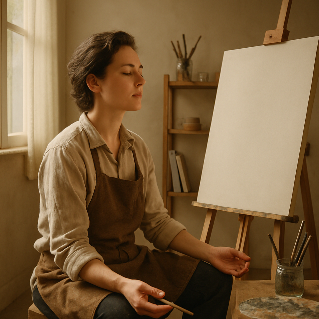 Artist preparing to paint, sitting calmly in a tranquil studio.