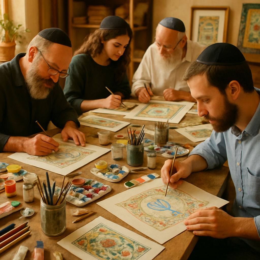 Jewish art workshop with participants creating art, warm lighting.