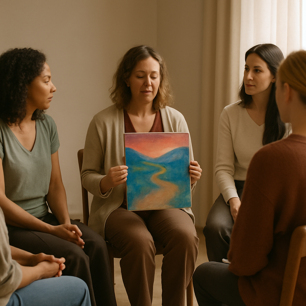 Women in a circle witnessing each other's painting stories.