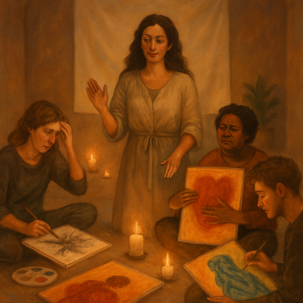 Facilitator leading art workshop, participants expressing emotions, gentle lighting.