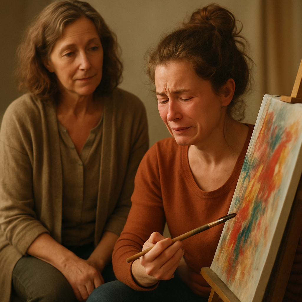 Facilitator observing a woman painting with emotional expression.