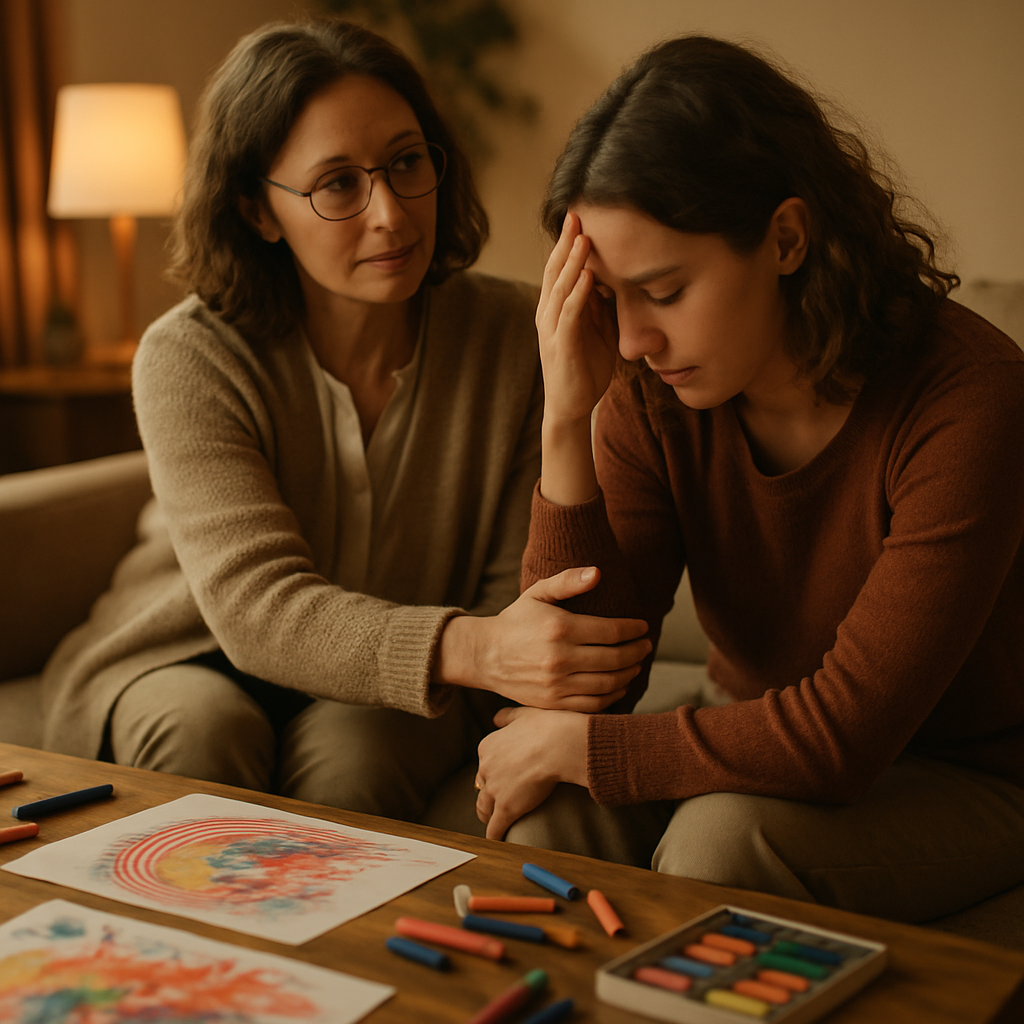 Therapist supporting client in art therapy session with art materials.