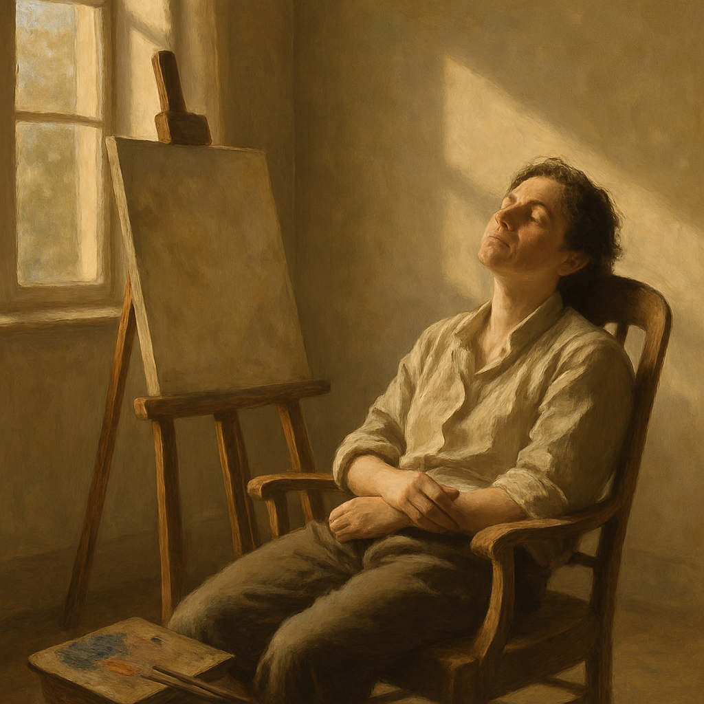 Artist resting in chair beside easel, sunlight filtering softly.