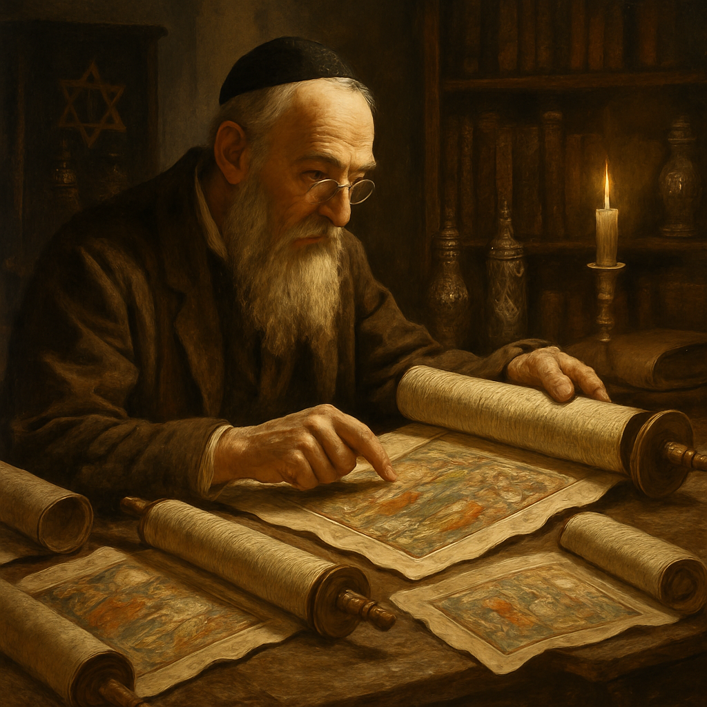 Scholar examining Torah texts with artistic illustrations in historical study.