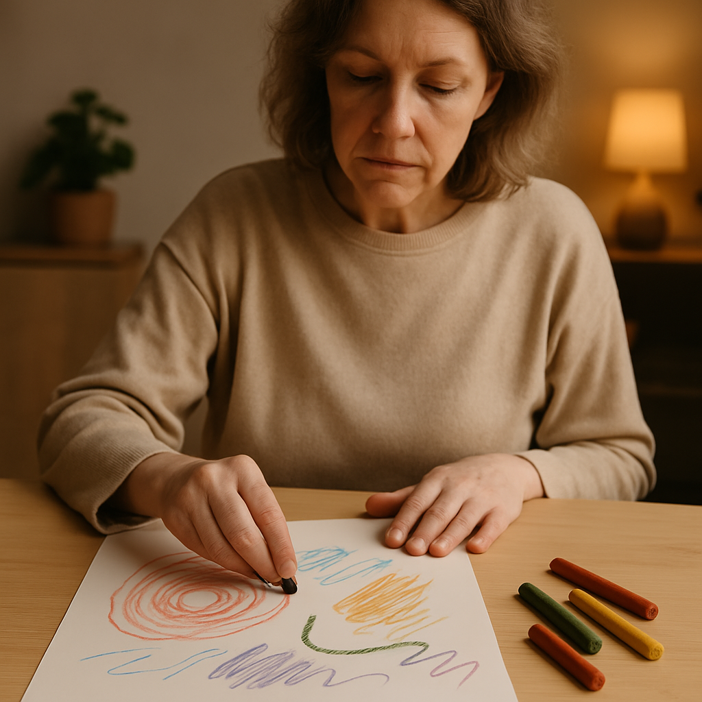 Client making abstract marks with non-dominant hand in therapy session.