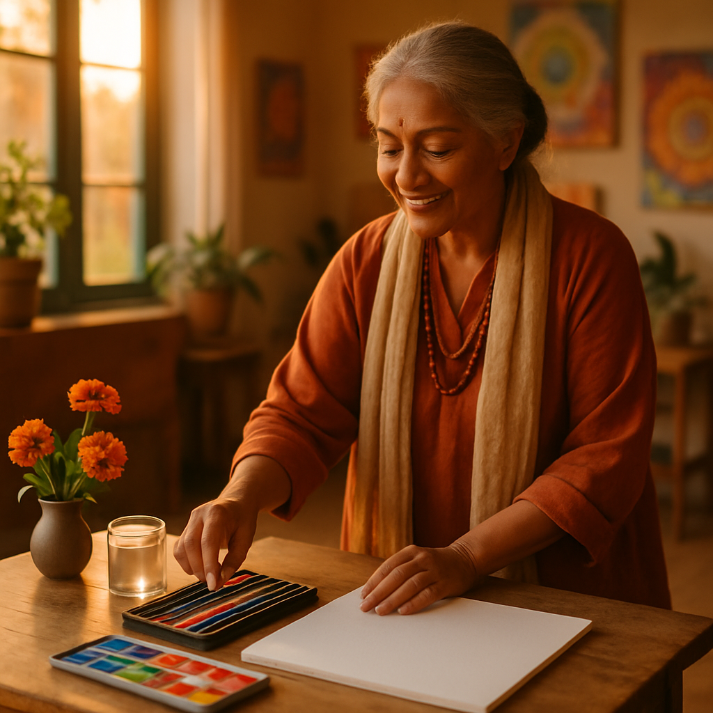 Guide arranging watercolor pencils and paper in welcoming studio setting.