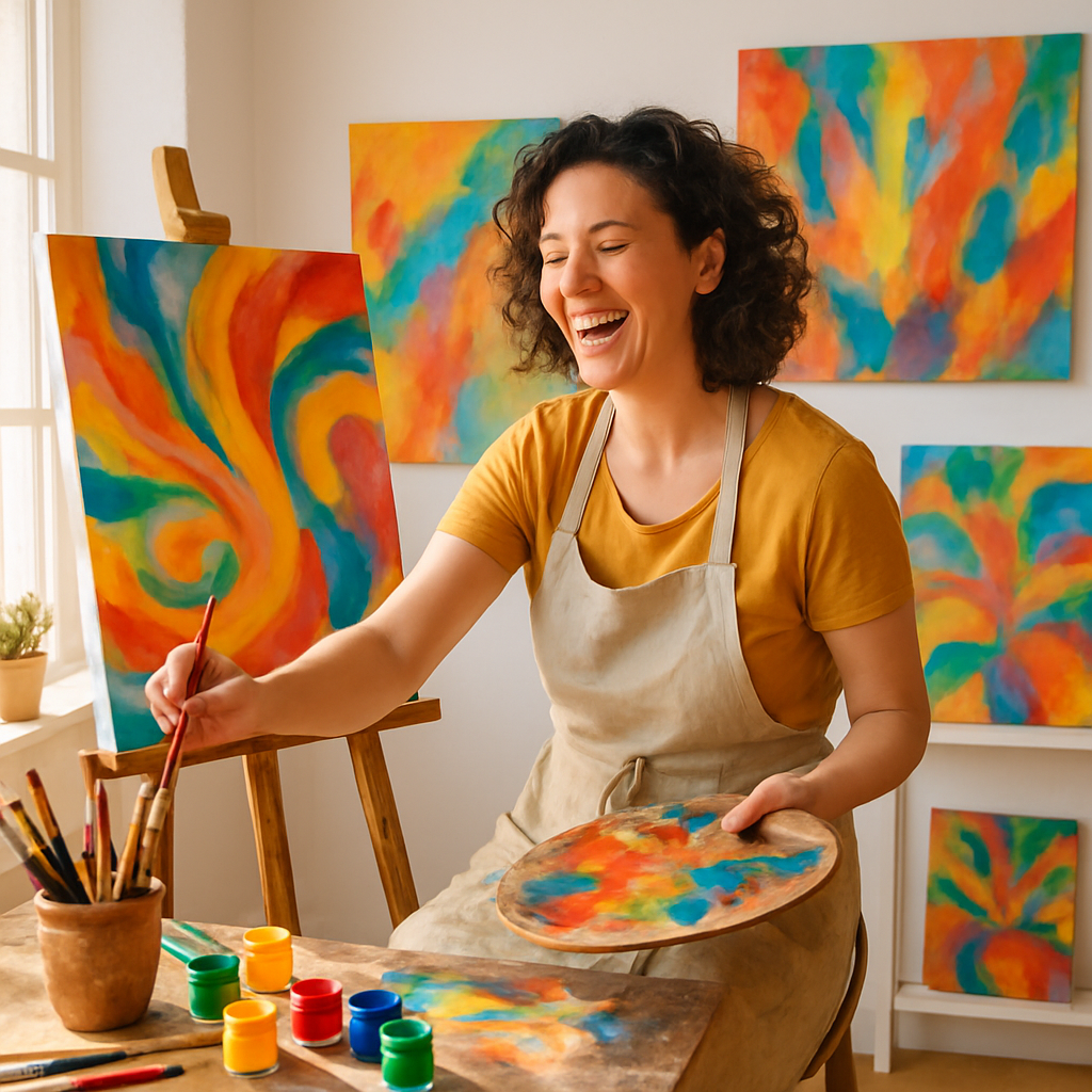 Joyful artist painting in bright studio, vibrant paintings around, warm atmosphere.