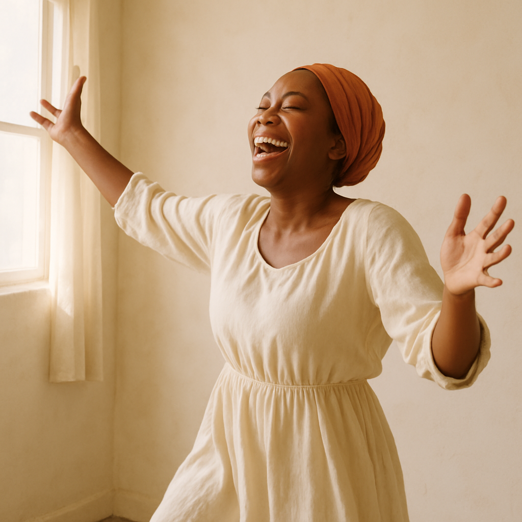 Person joyfully expressing in a bright, simple environment.