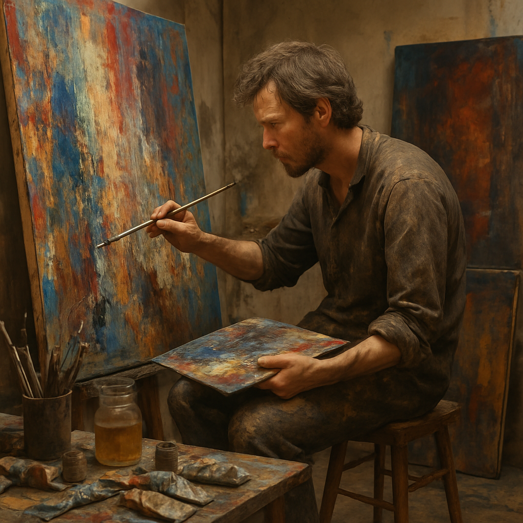 Artist in deep concentration during a long painting session.