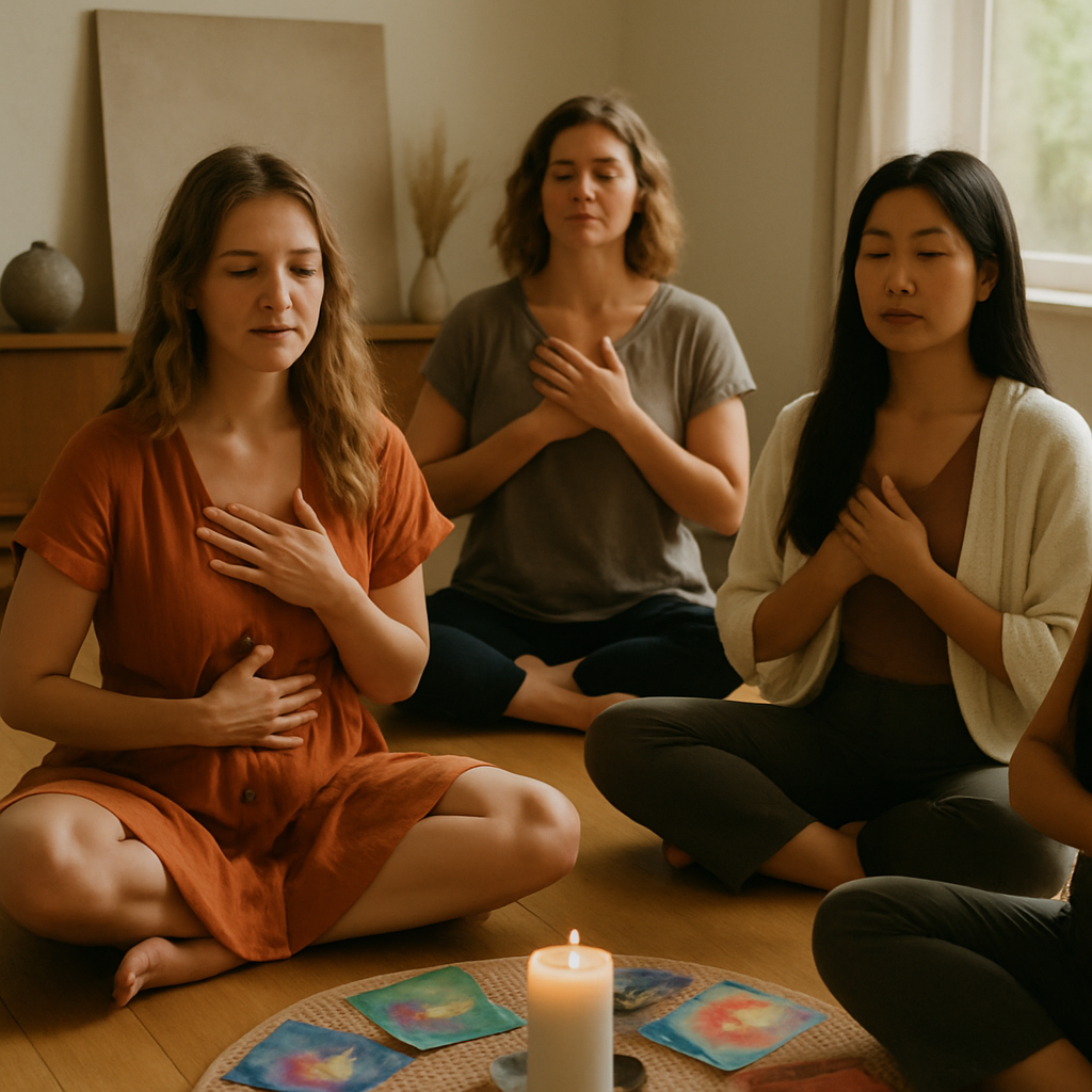 Women in an opening ritual for a painting circle, focused and serene.