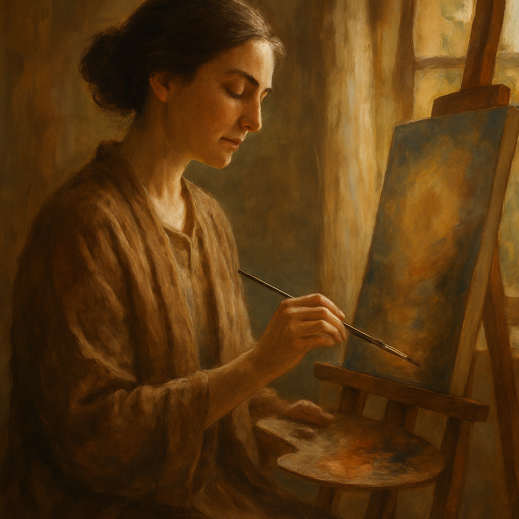 Artist painting with focused expression, serene setting and warm tones.