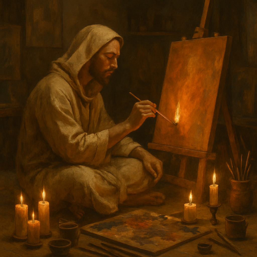 Painter in studio deeply focused on ritualistic session.