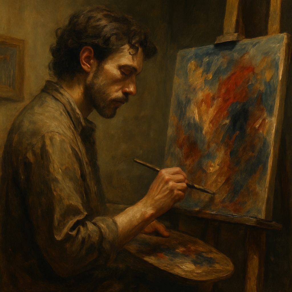 Artist in studio painting with concentration in soft light.