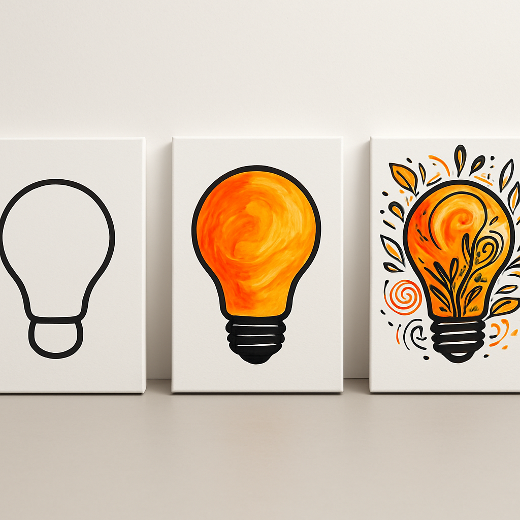 Three canvases showing progression in creative transformation.