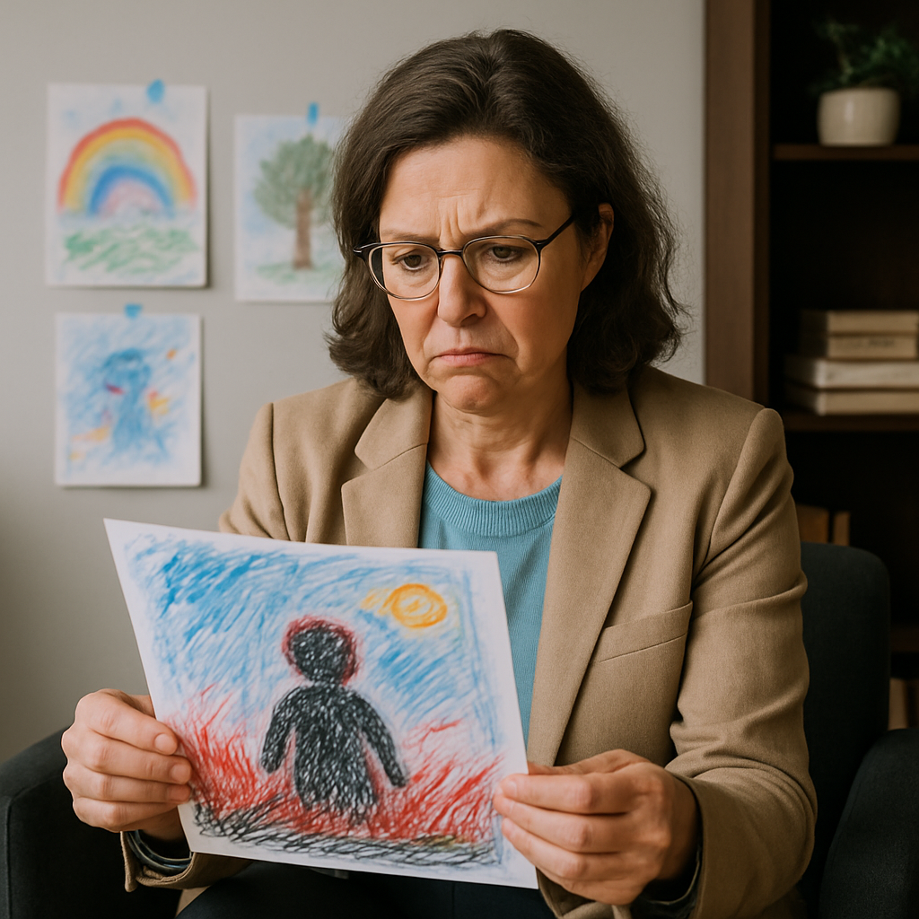 Therapist reviewing concerning artwork in office setting.