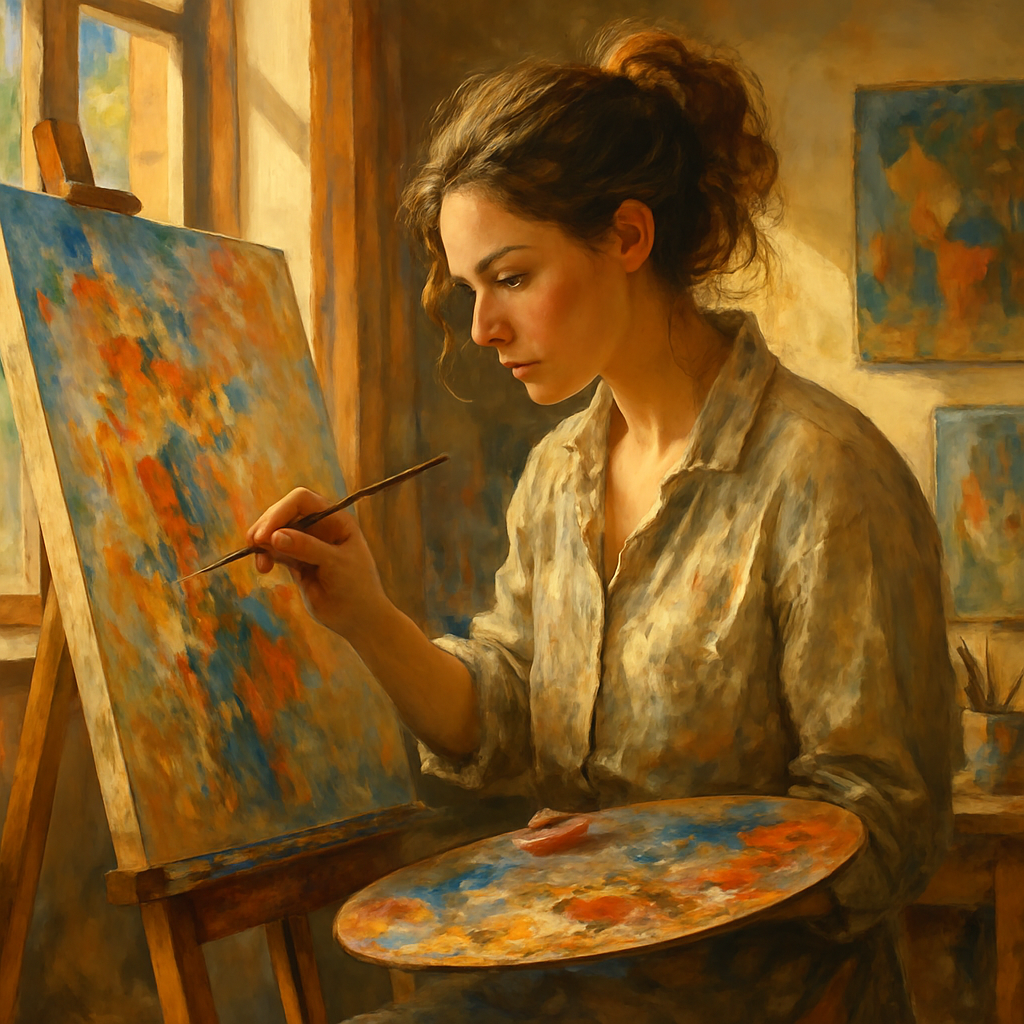 Woman painting in art studio, with warm light and focused expression.