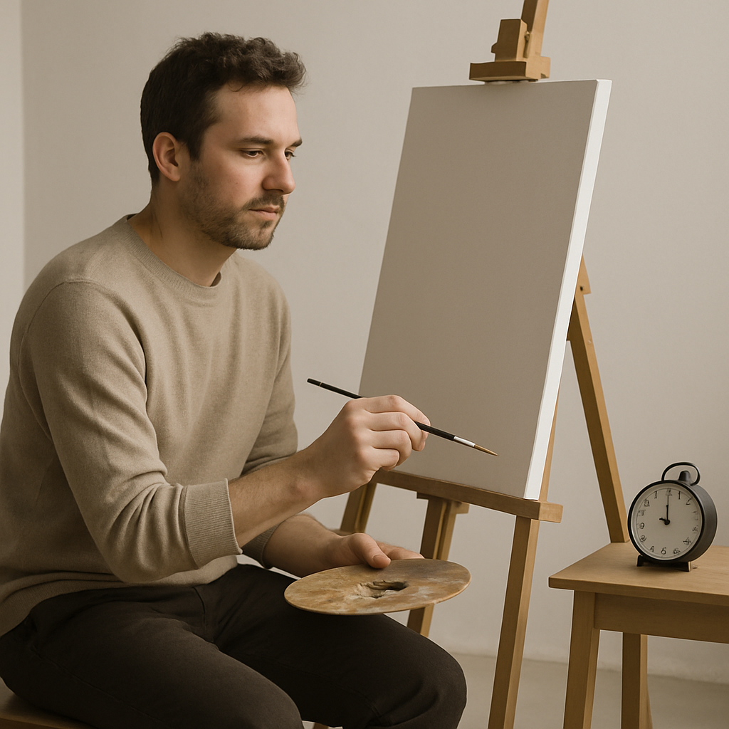 Artist at canvas with timer set for five minutes, focused yet relaxed.