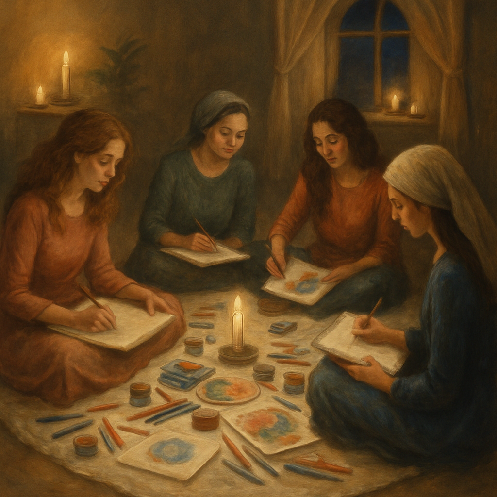 Women creating art in Rosh Chodesh circle, tranquil lighting.