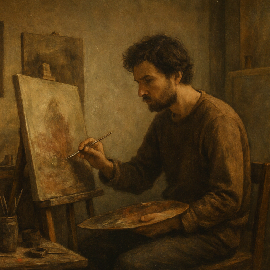 Artist painting focused in studio, soft ambient lighting, film grain.