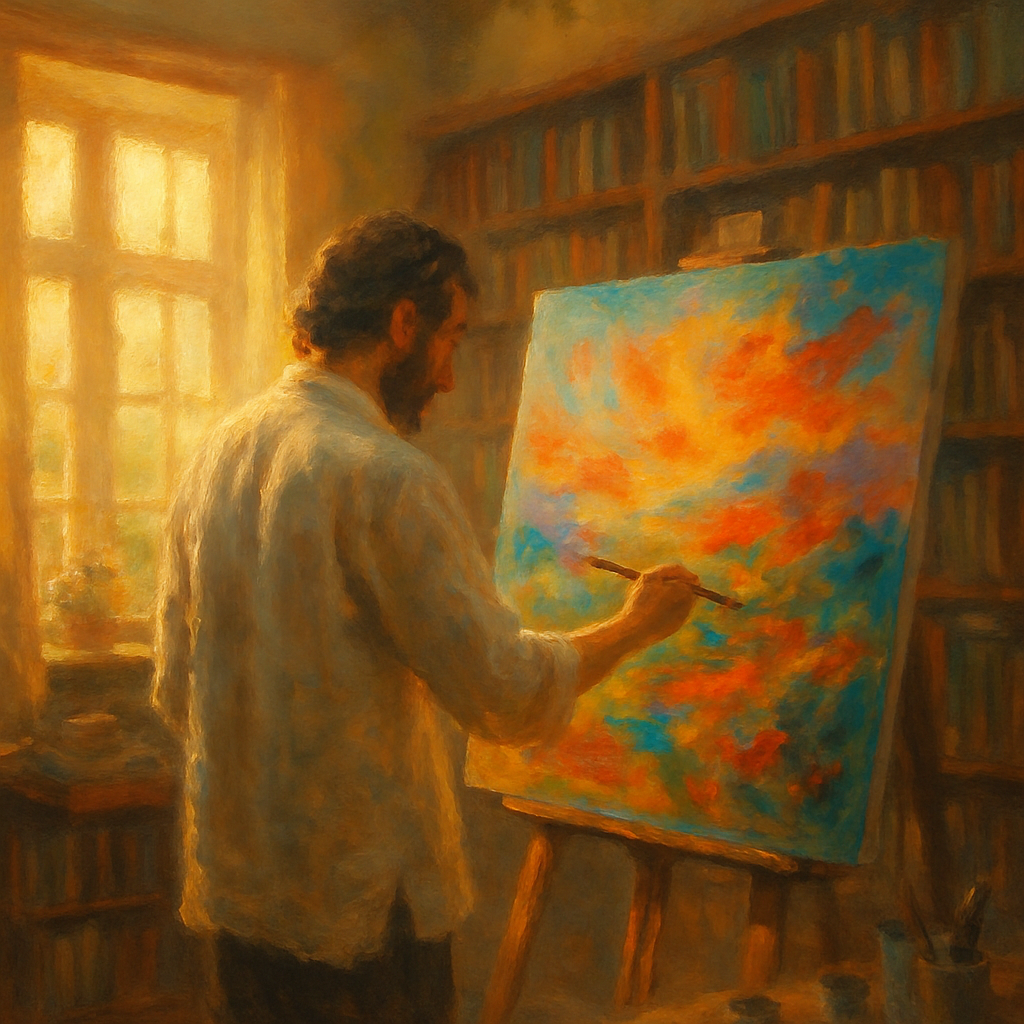 Artist painting on canvas in sunlit room, vivid colors, spiritual symbols.