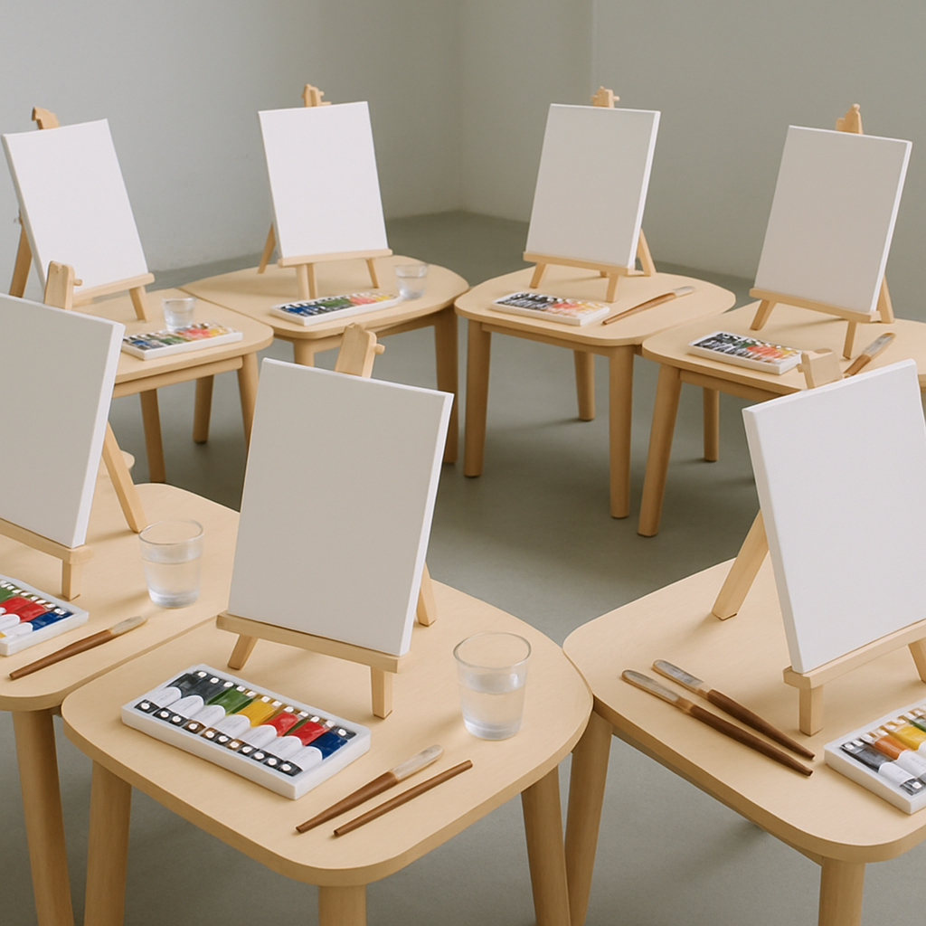 Organized art space with paints and canvases for a painting circle.