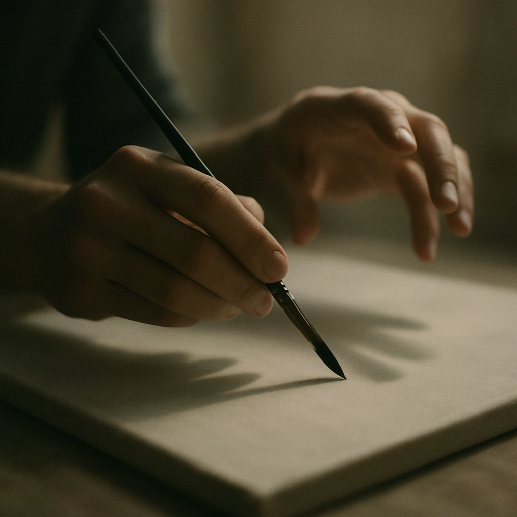 Artist's hand with brush poised above canvas, dramatic shadows.