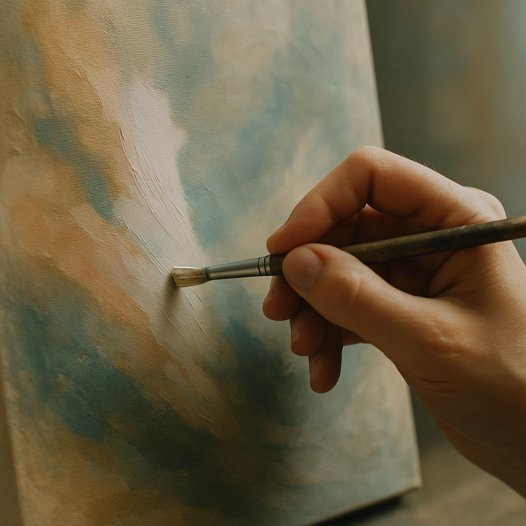 Close-up of hand painting on canvas, detailed brush strokes, soft light.