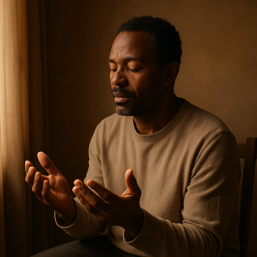 Person in private prayer, seated in a calm, intimate setting.