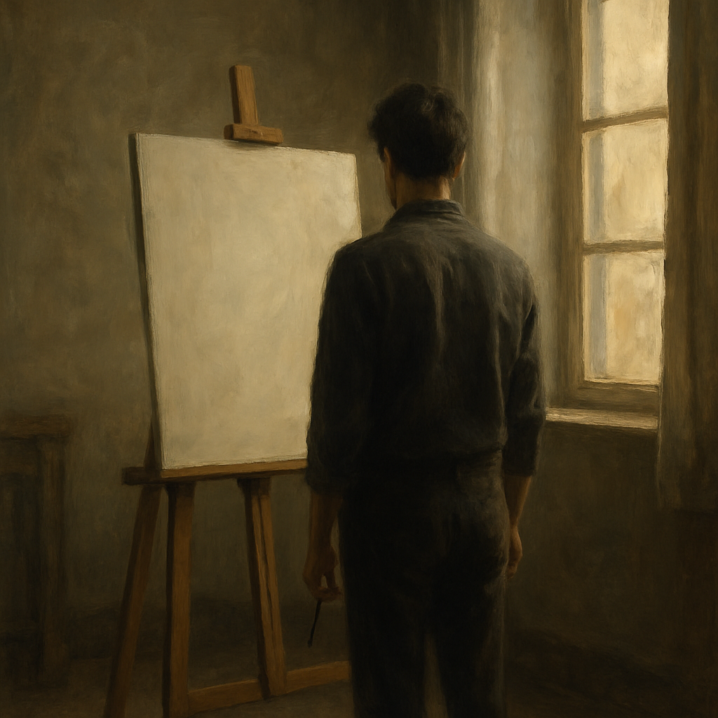 Person ready to paint at a blank canvas in softly lit room.