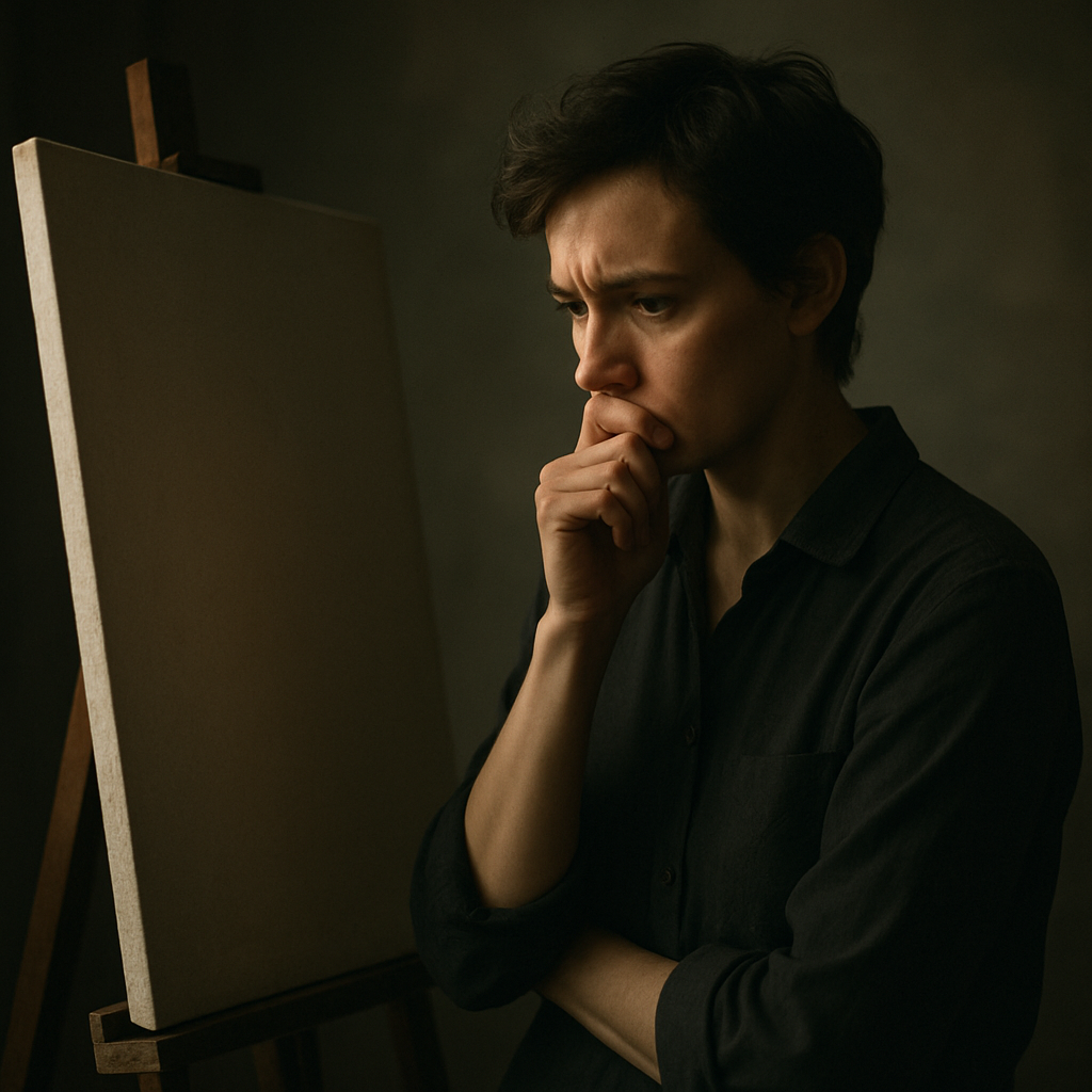 Person hesitates before canvas, soft lighting highlights tension.